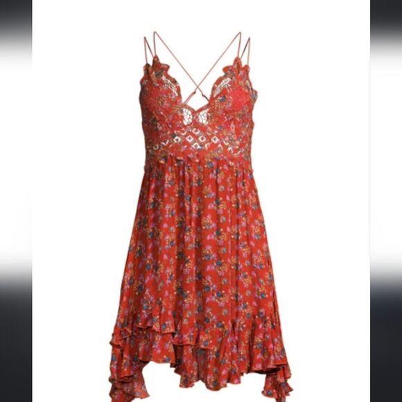 Free People Ladies Size Small Floral Frilled Chemise Dress Orange - Picture 5 of 10